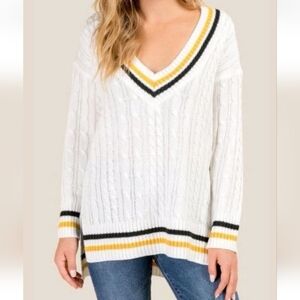 H&M Divided V-Neck Cable Knit Sweater - White with Black and Yellow Accents